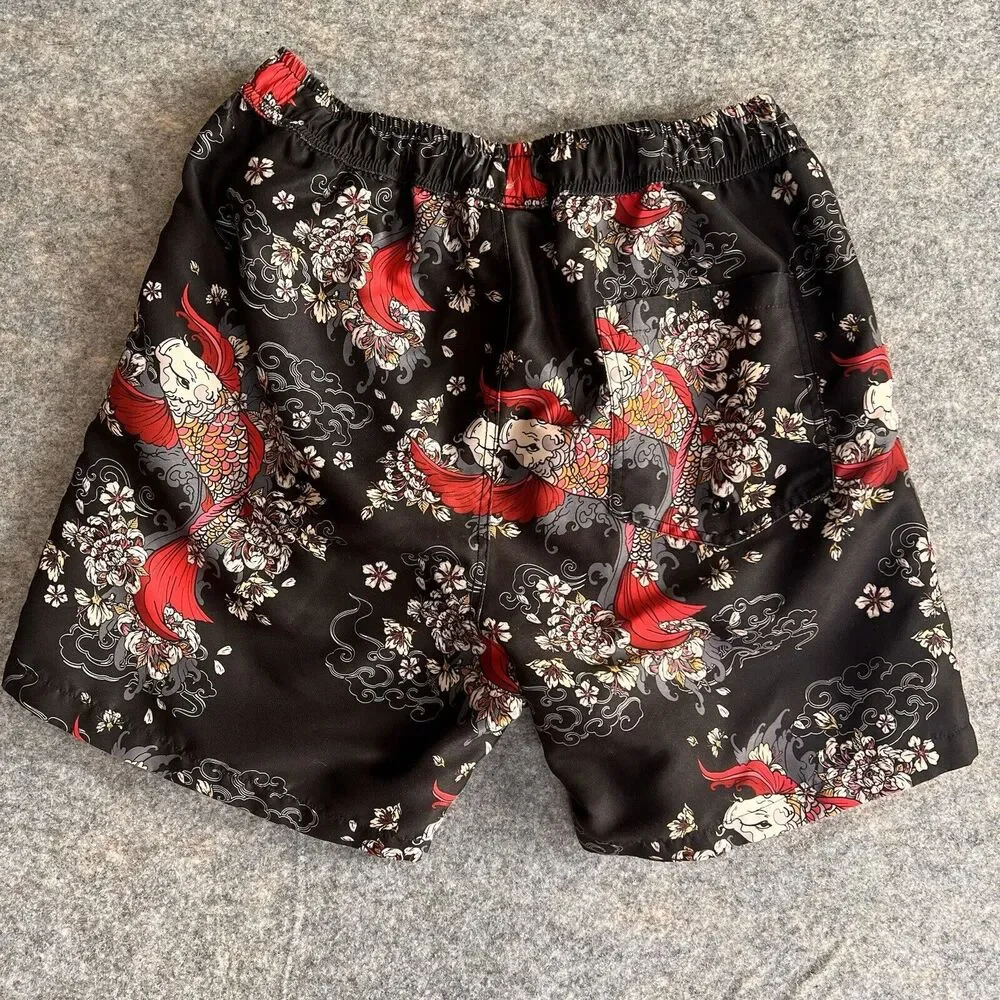 Absent Swim Shorts Mens Large Black Lined Japanese Koi Peonies Drawstring Pocket